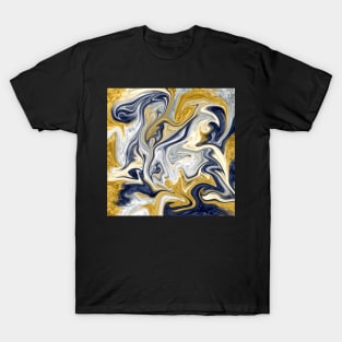 Trendy cool stylish gold yellow navy blue liquid marble abstract swirl pattern T-Shirt